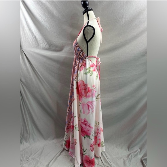 Boho Pink Floral Halter V- Neck Maxi Dress Low Back - Picture 6 of 8